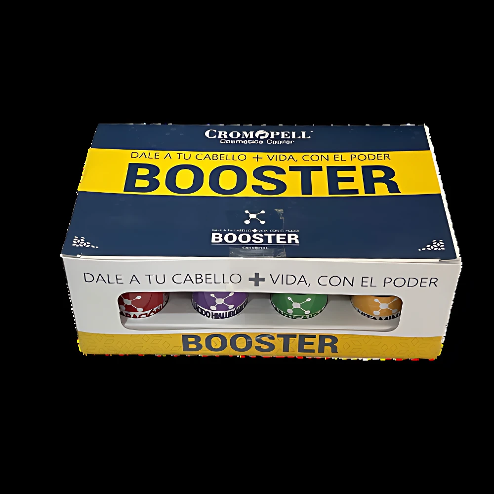 Caja de 12 ampolletas Cromopell Booster para cabello, con diseño vibrante y texto promocional.