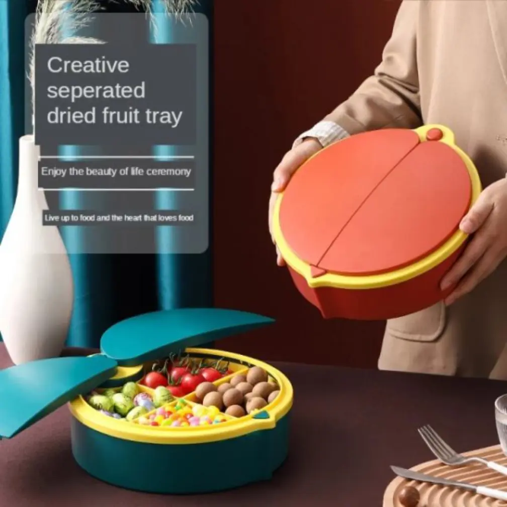 Organizador multipropósito de 4 compartimentos, ideal para frutas secas, con tapa roja y compartimento verde azulado.