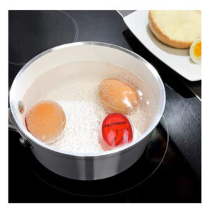 Temporalizador de huevo rojo para cocción de huevos en agua hirviendo, con marcas para blando, medio y duro.