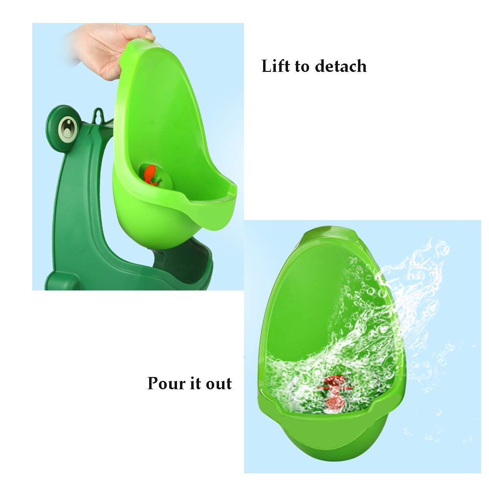 Entrenador orinal para niños verde, con forma de sapo, desmontable y fácil de vaciar.