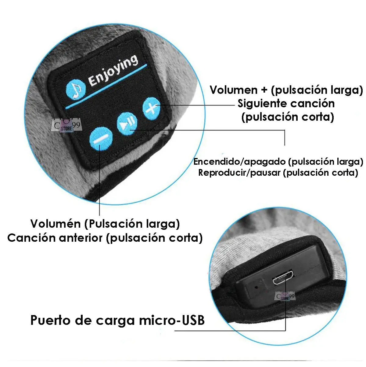 Antifaz de dormir Bluetooth gris con controles de reproducción y volumen, puerto micro-USB visible.