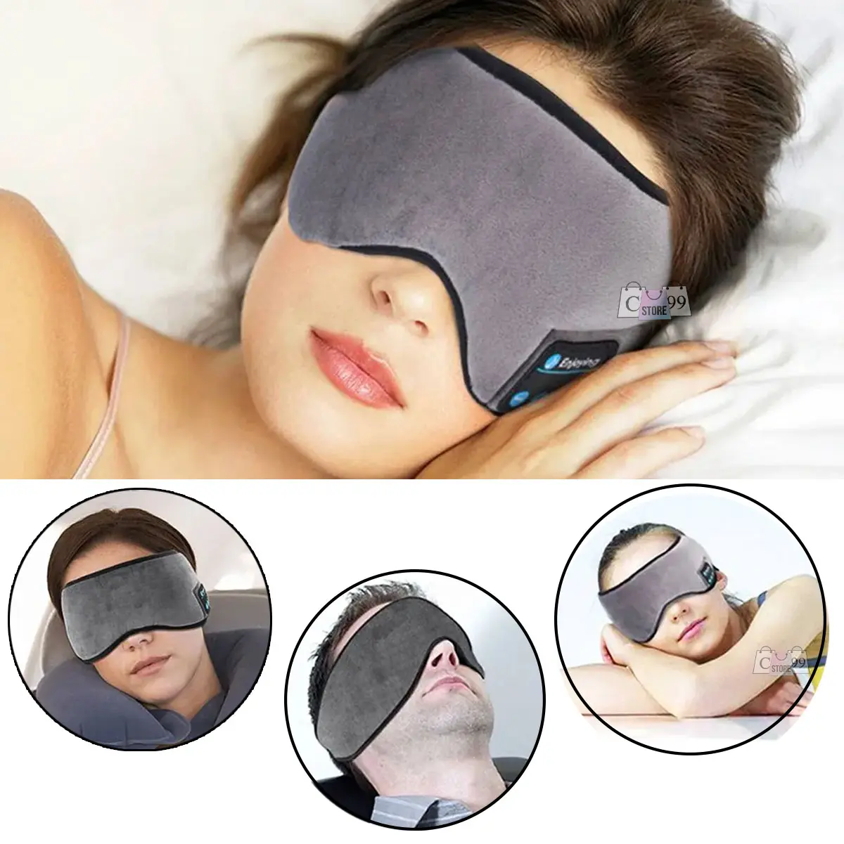 Antifaz para dormir Bluetooth gris con gel frío, ideal para viajes y descanso profundo.