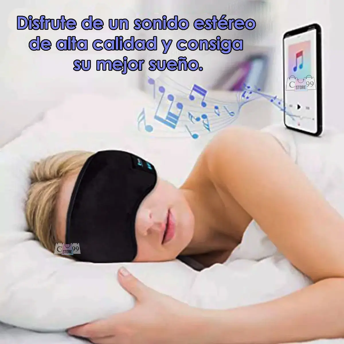 Antifaz de dormir negro con Bluetooth, ideal para escuchar música y mejorar el sueño profundo.