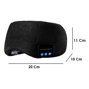 Antifaz de dormir negro, suave, con Bluetooth integrado y controles. Mide 20x11x10 cm.