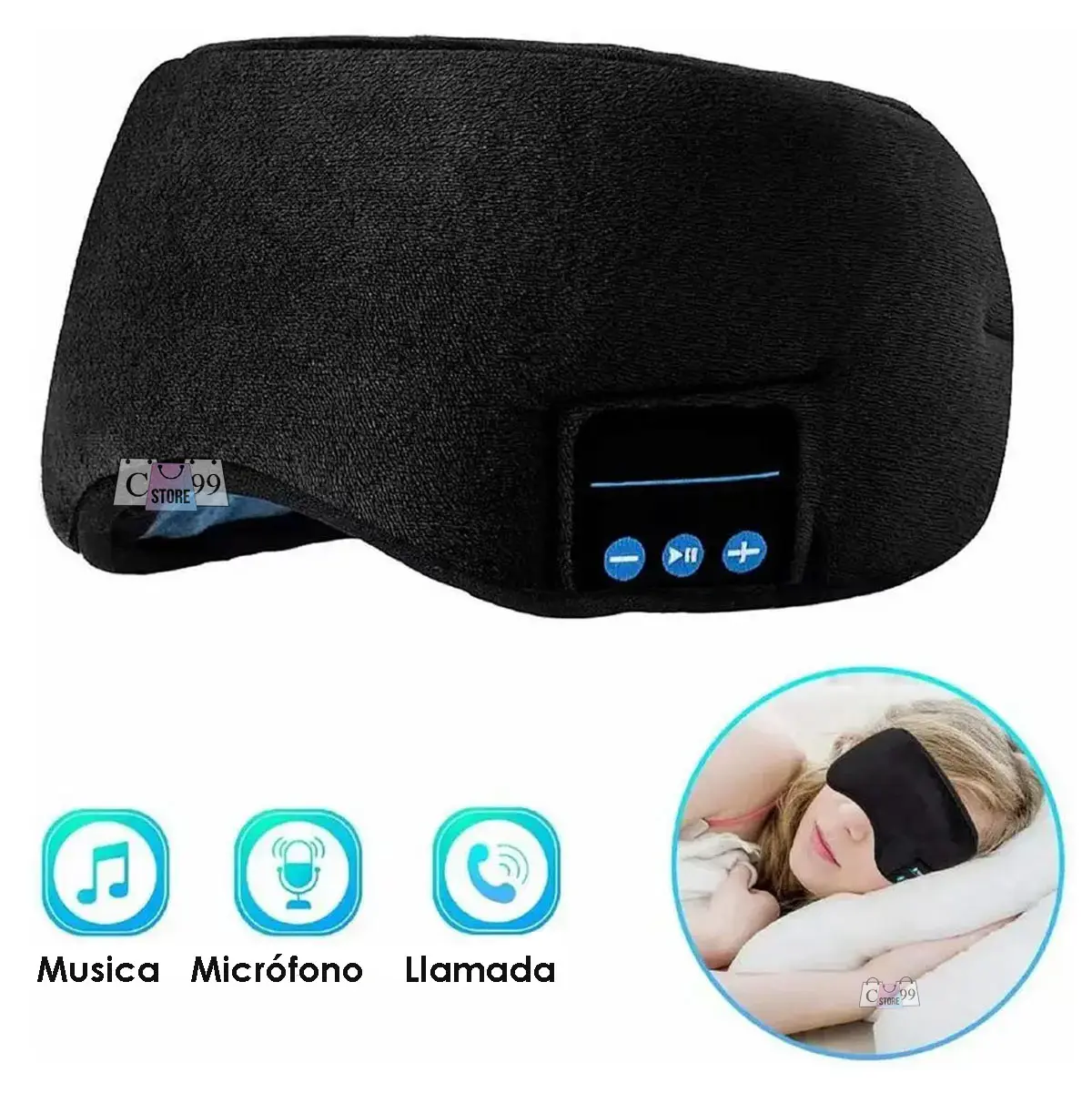 Antifaz negro para dormir con Bluetooth, controles de música y llamadas, ideal para descanso profundo.