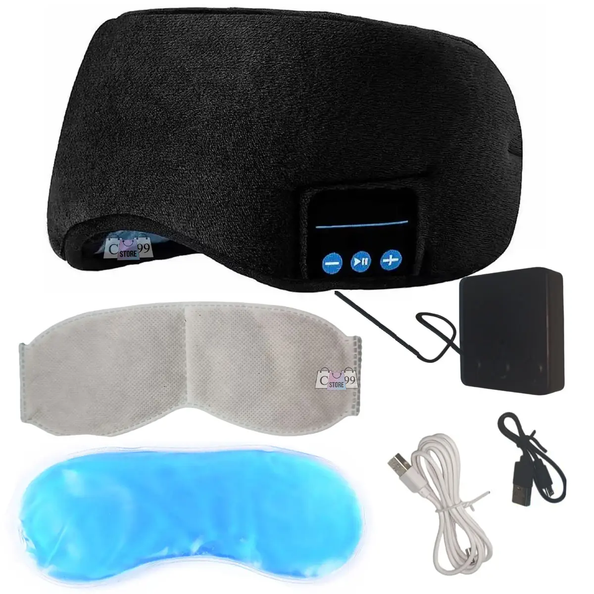 Antifaz negro para dormir con Bluetooth, incluye almohadilla de gel frío y aromaterapia para un descanso profundo.