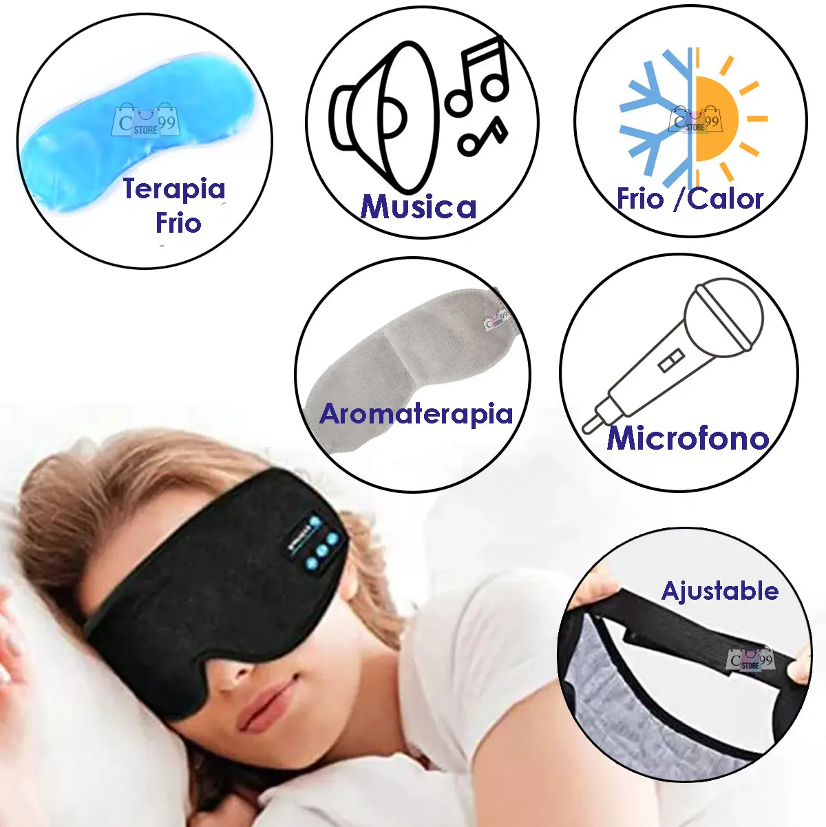 Antifaz negro para dormir con Bluetooth, aromaterapia, gel frío y ajuste.