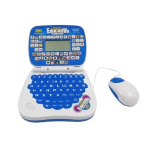 Computador didáctico infantil azul y blanco con teclado de letras y números, pantalla y mouse.