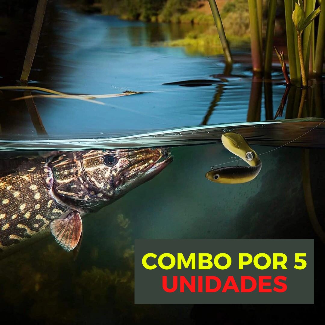 Set x2 señuelos biónicos blandos 10cm 6g, color dorado y negro, imitando pez, ideal para pesca deportiva de depredadores.