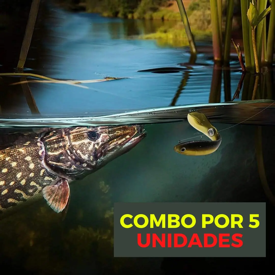 Set x2 señuelos biónicos blandos 10cm 6g, color dorado y negro, imitando pez, ideal para pesca deportiva de depredadores.