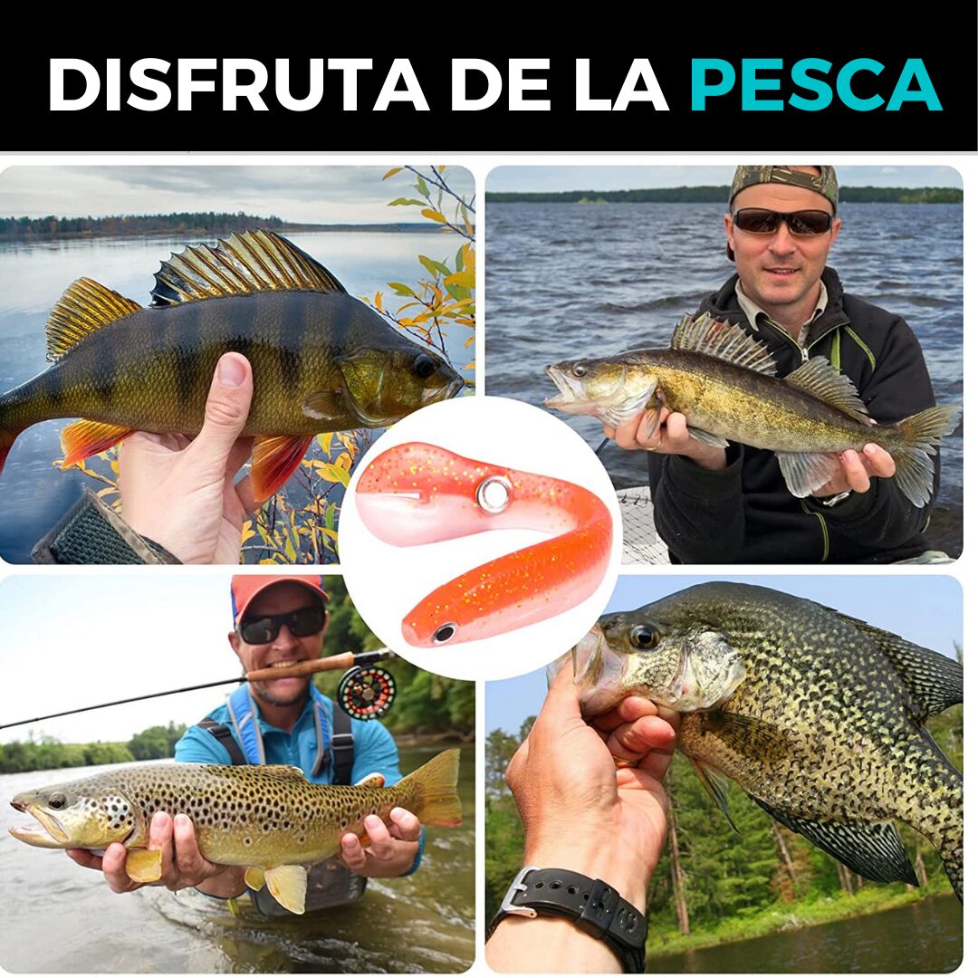 Set x2 señuelos biónicos blandos 10cm 6g, naranja y rosa, para pesca deportiva de depredadores.