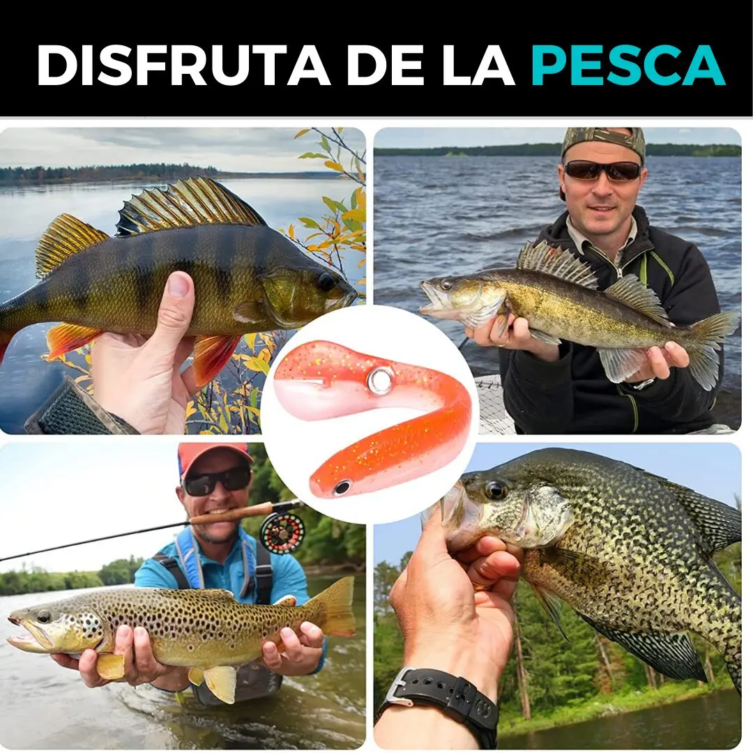 Set x2 señuelos biónicos blandos 10cm 6g, naranja y rosa, para pesca deportiva de depredadores.