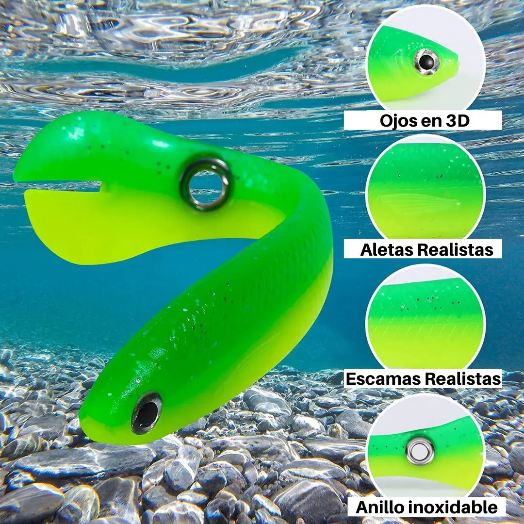 Señuelo biónico blando verde y amarillo de 10cm, 6g, con ojos 3D, aletas y escamas realistas, sumergido en agua clara sobre piedras.