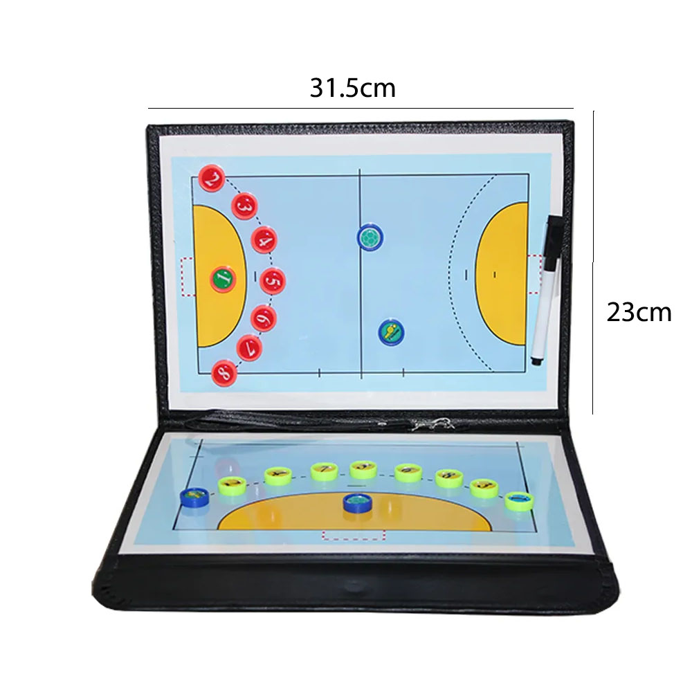 Carpeta táctica magnética de balonmano plegable 31.5x23cm con fichas y marcador para estrategias de juego.