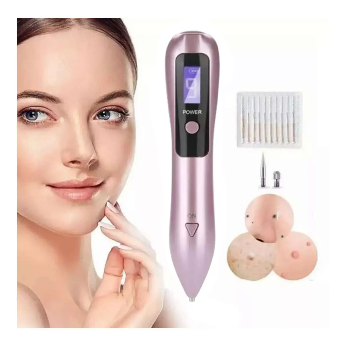 Cauterizador quita verrugas rosa con pantalla LED, agujas y representaciones de piel.
