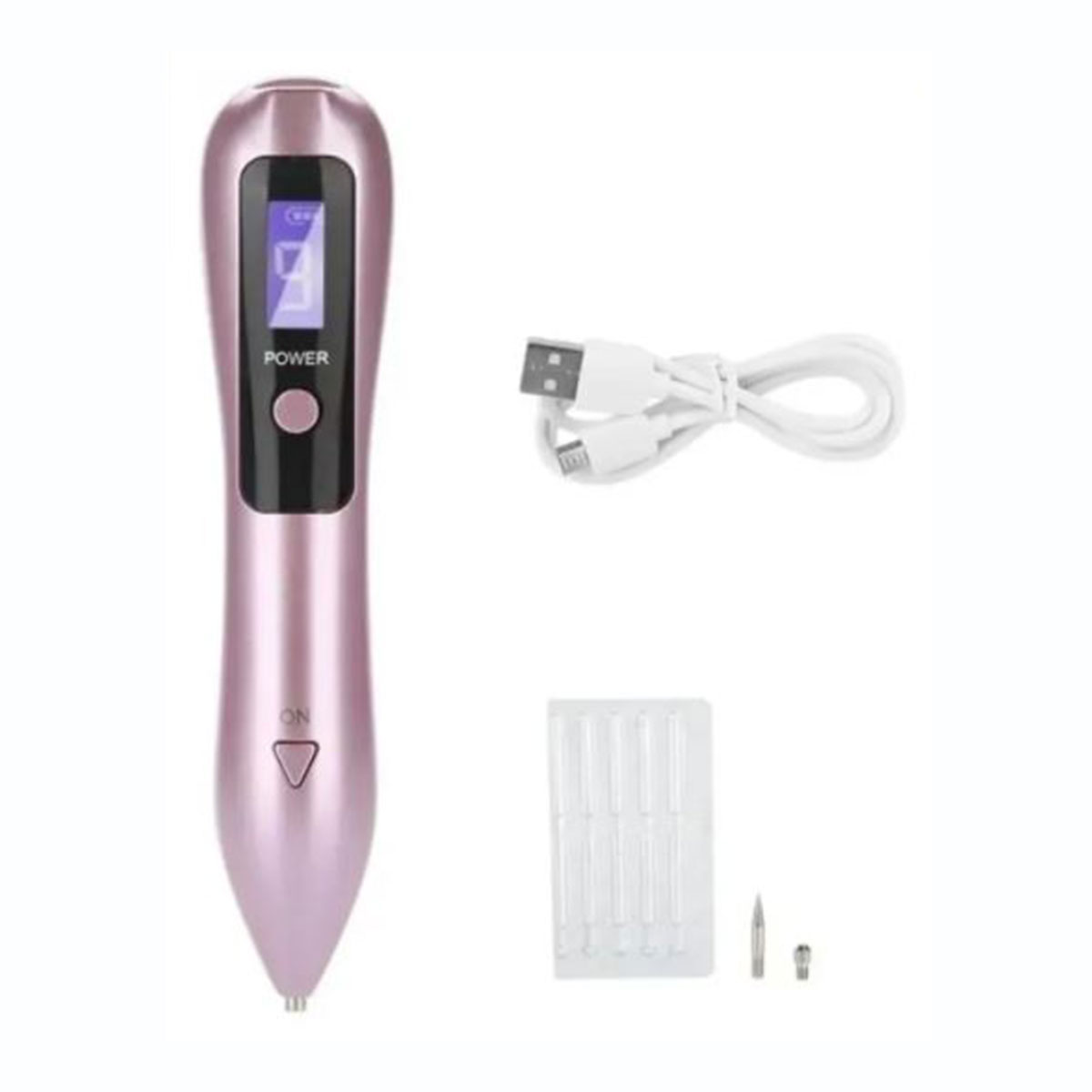 Cauterizador quita verrugas rosa metálico, pantalla LED, con cable USB y agujas.