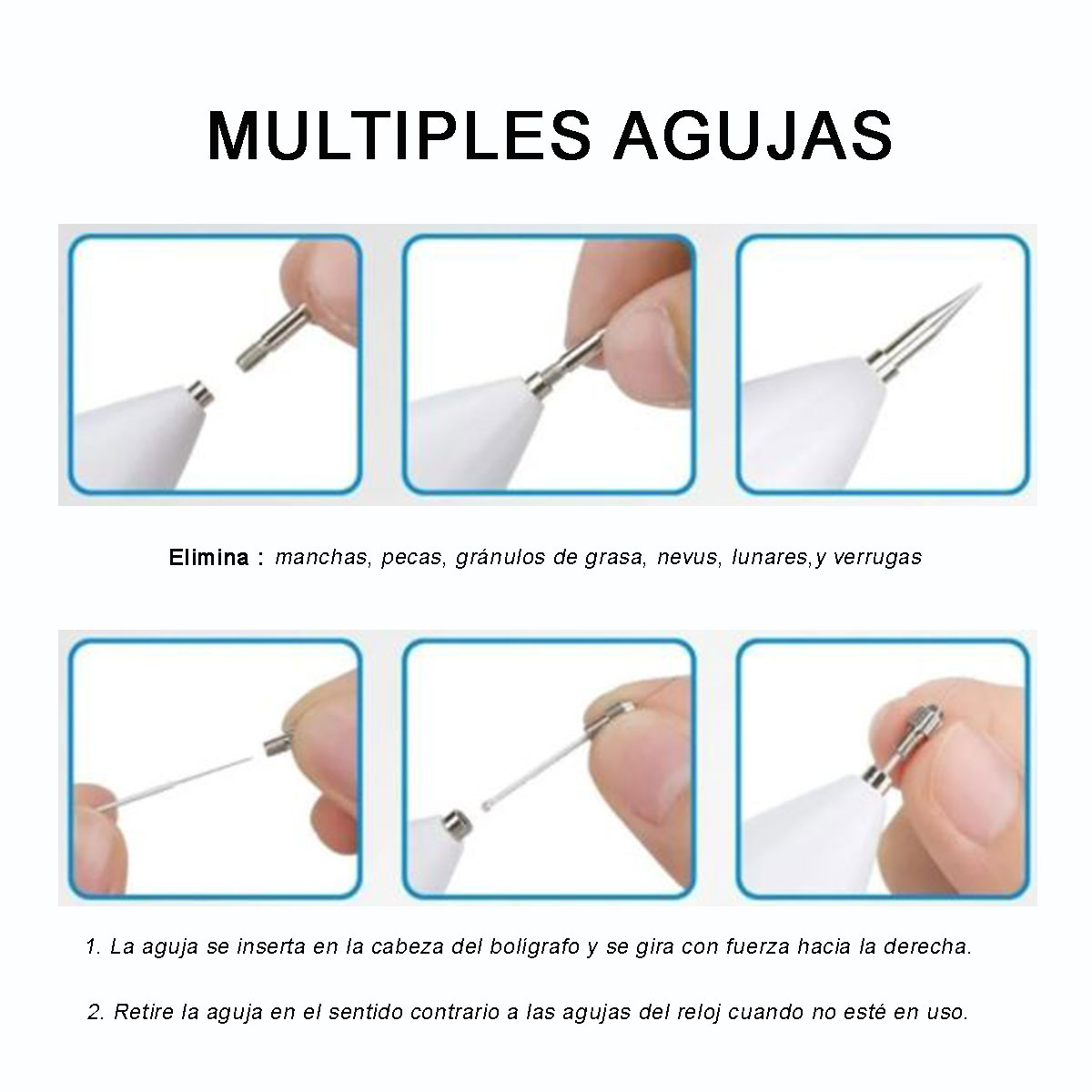 Cauterizador quita verrugas con pantalla LED: demostración de cómo insertar y retirar agujas finas y gruesas.