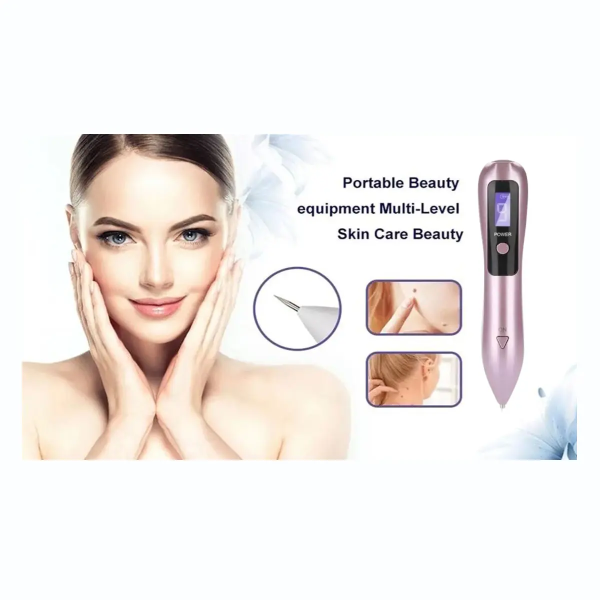 Cauterizador quita verrugas portátil color rosa con pantalla LED, incluye punta fina y dos casos de uso.