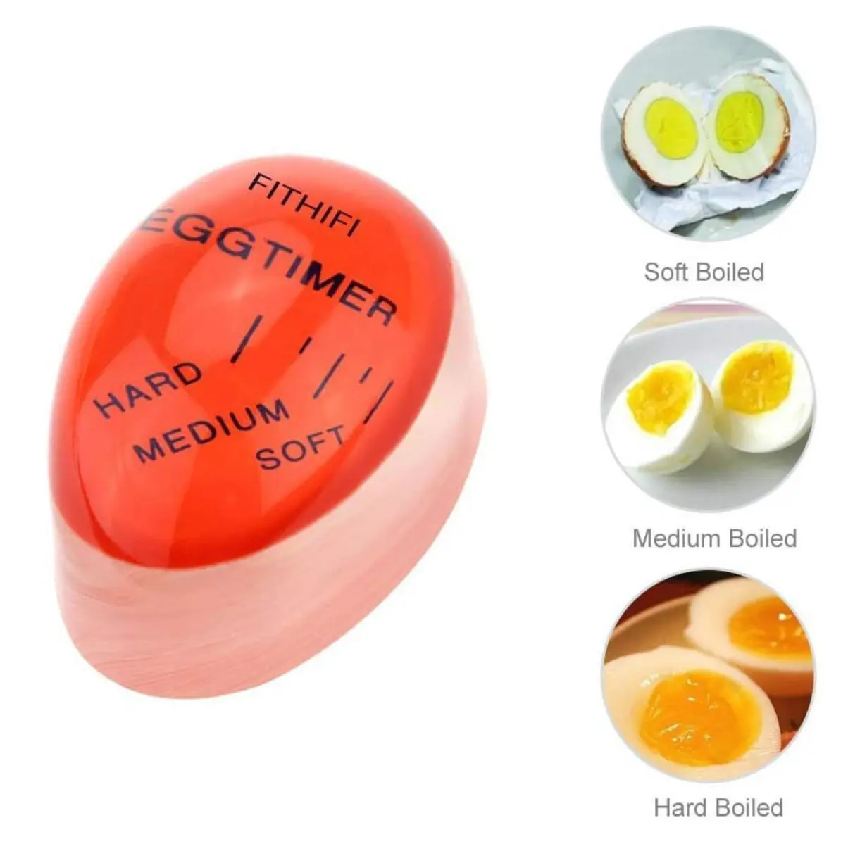 Temporizador para huevos FITHIFI rojo, indica cocción suave, media o dura con ejemplos de huevos cocidos.