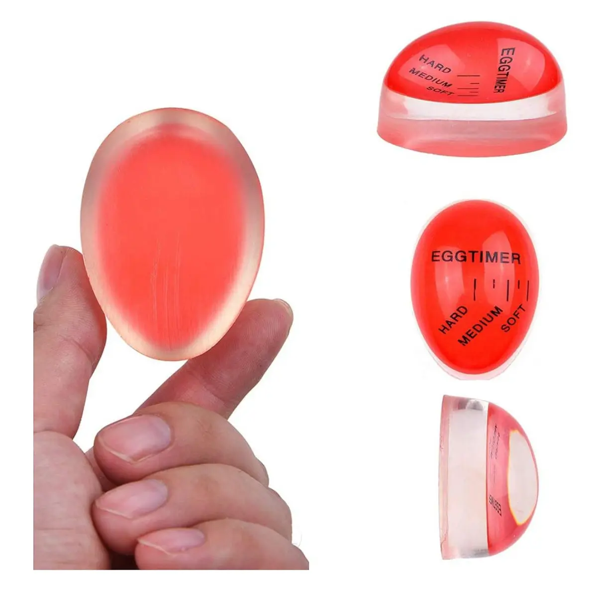 Temporizador de cocción para huevos, rojo, con indicaciones de cocción: duro, medio, blando. Se muestra uno sujeto en mano.