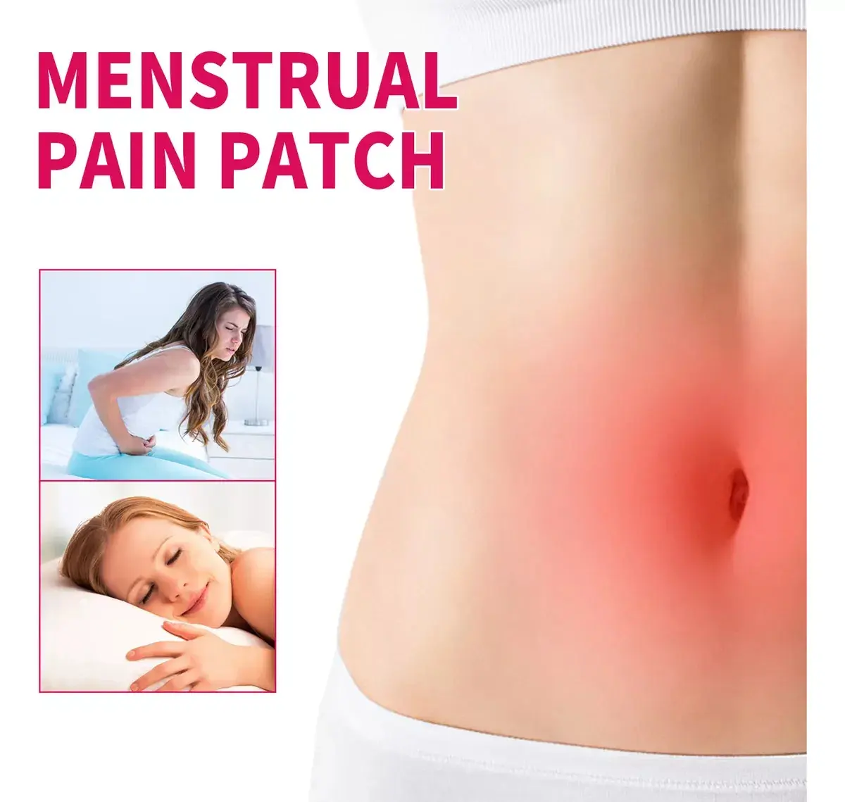 Parches para dolor menstrual. Mujer con dolor y durmiendo plácidamente. Área abdominal con enrojecimiento.