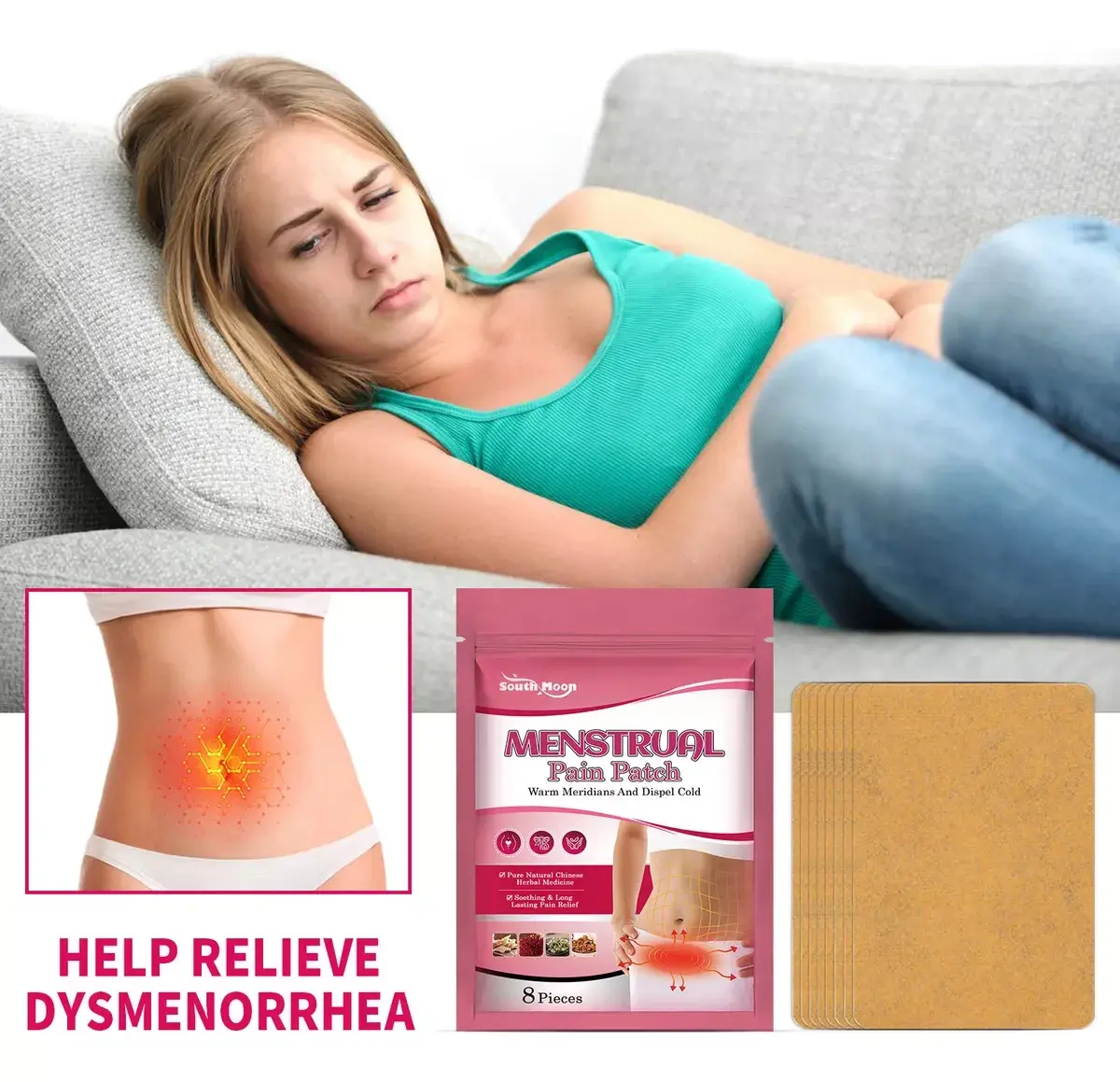 Mujer con dolor menstrual recostada, se muestran parches para aliviar el dolor, 8 piezas.