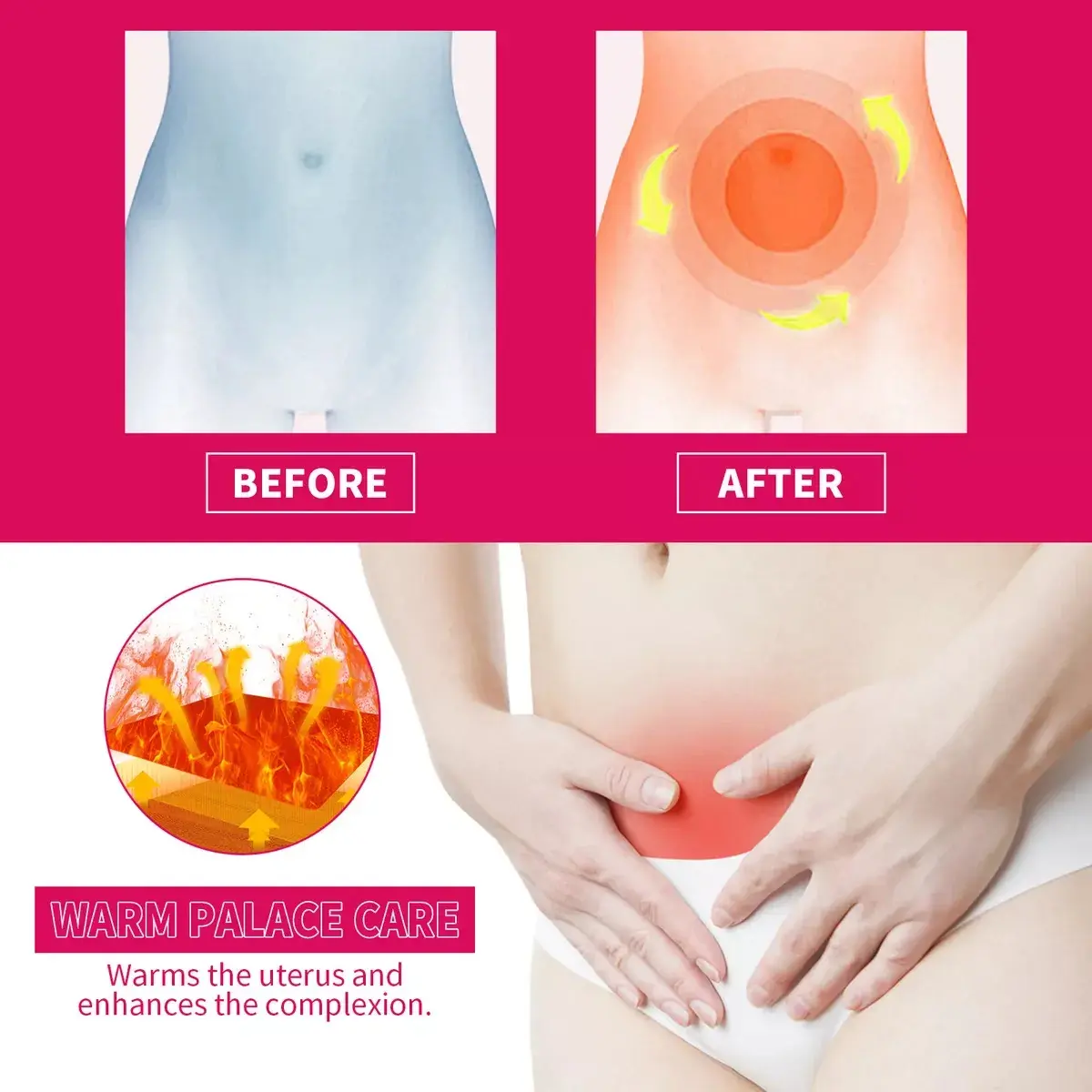 Parches de calor para alivio del dolor menstrual, muestran efecto antes y después.