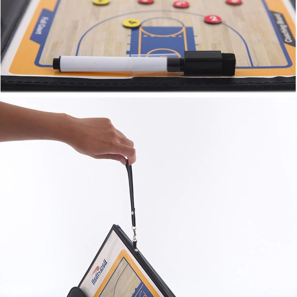 Carpeta táctica magnética de baloncesto con marcador y piezas, ideal para planificar jugadas.