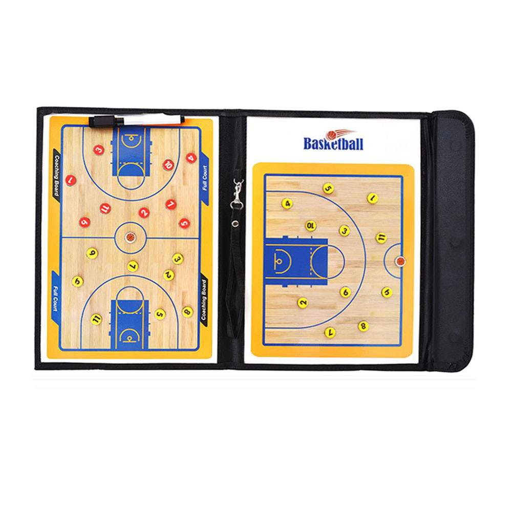 Carpeta táctica magnética de baloncesto con dos tableros de juego, uno de cancha completa y otro de media cancha, con piezas magnéticas.