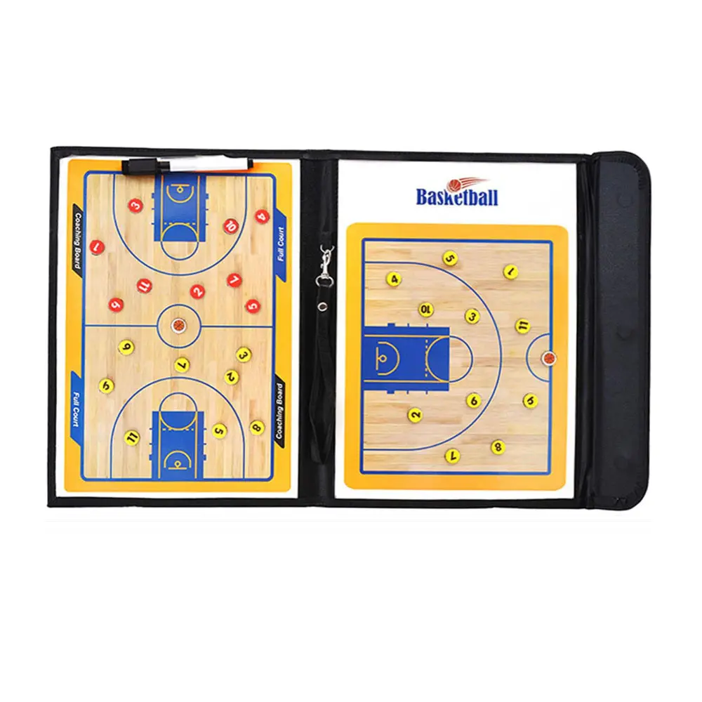 Carpeta táctica magnética de baloncesto con dos tableros de juego, uno de cancha completa y otro de media cancha, con piezas magnéticas.