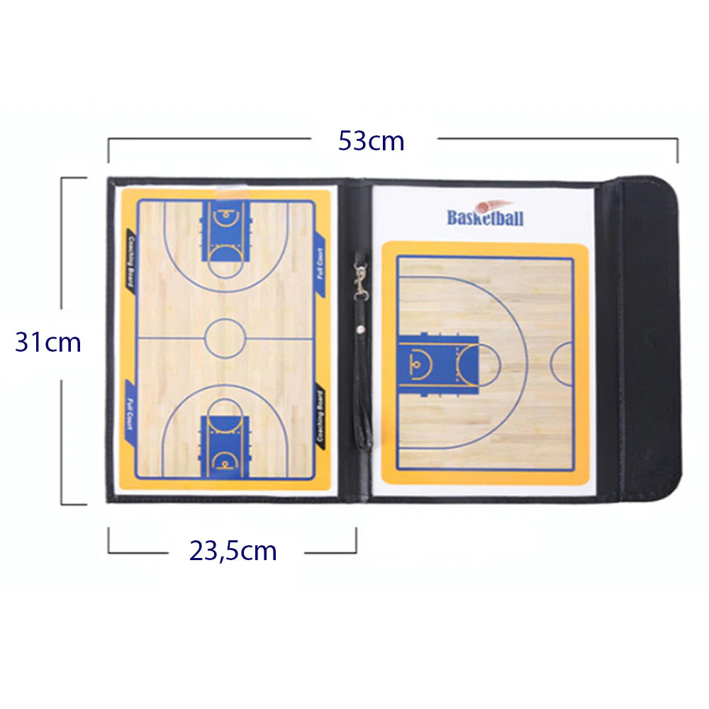 Carpeta táctica magnética para baloncesto, 53x31cm, con tableros de cancha y accesorios.