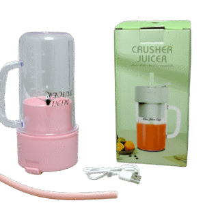 Licuadora portátil Vaso rosa con tapa transparente, caja verde con jugo naranja, cable USB y pajilla.