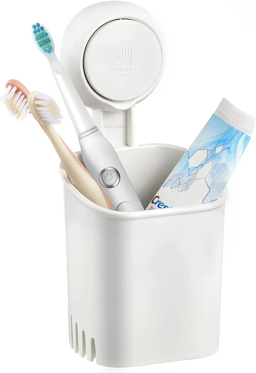 Organizador de baño blanco adhesivo con cepillos de dientes y crema dental.