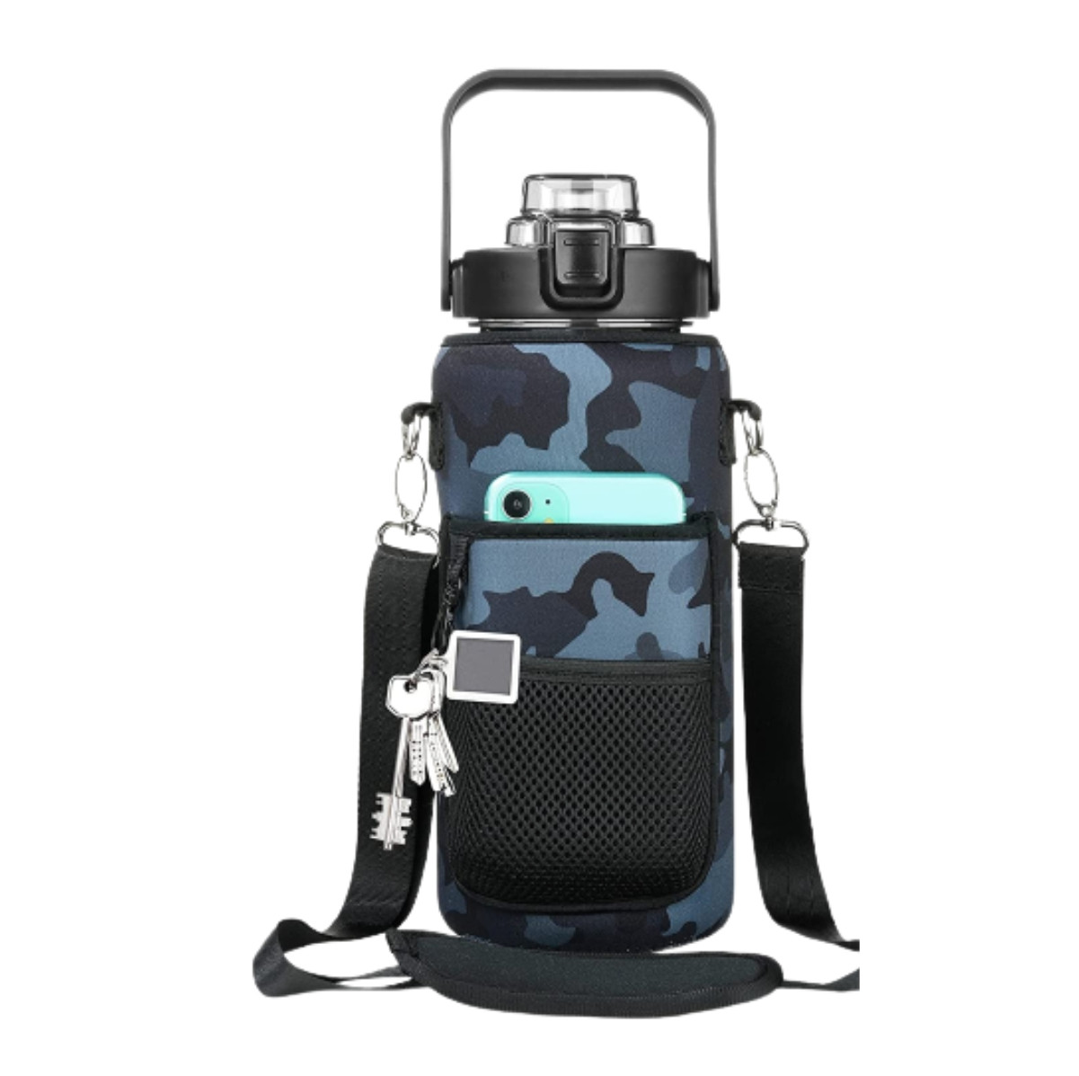 Funda de termo deportivo 2L camuflada azul, con bolsillo frontal para celular, llaves colgando y correa ajustable.
