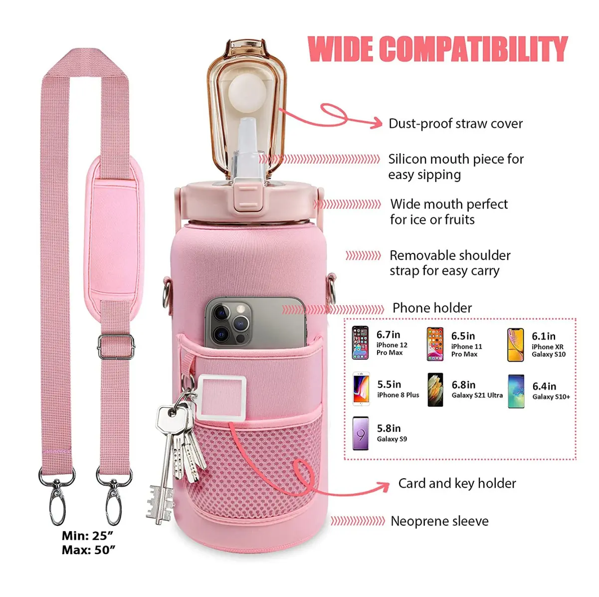 Funda rosa neopreno para termo deportivo 2L, con porta celular, llaves y correa ajustable 25-50".