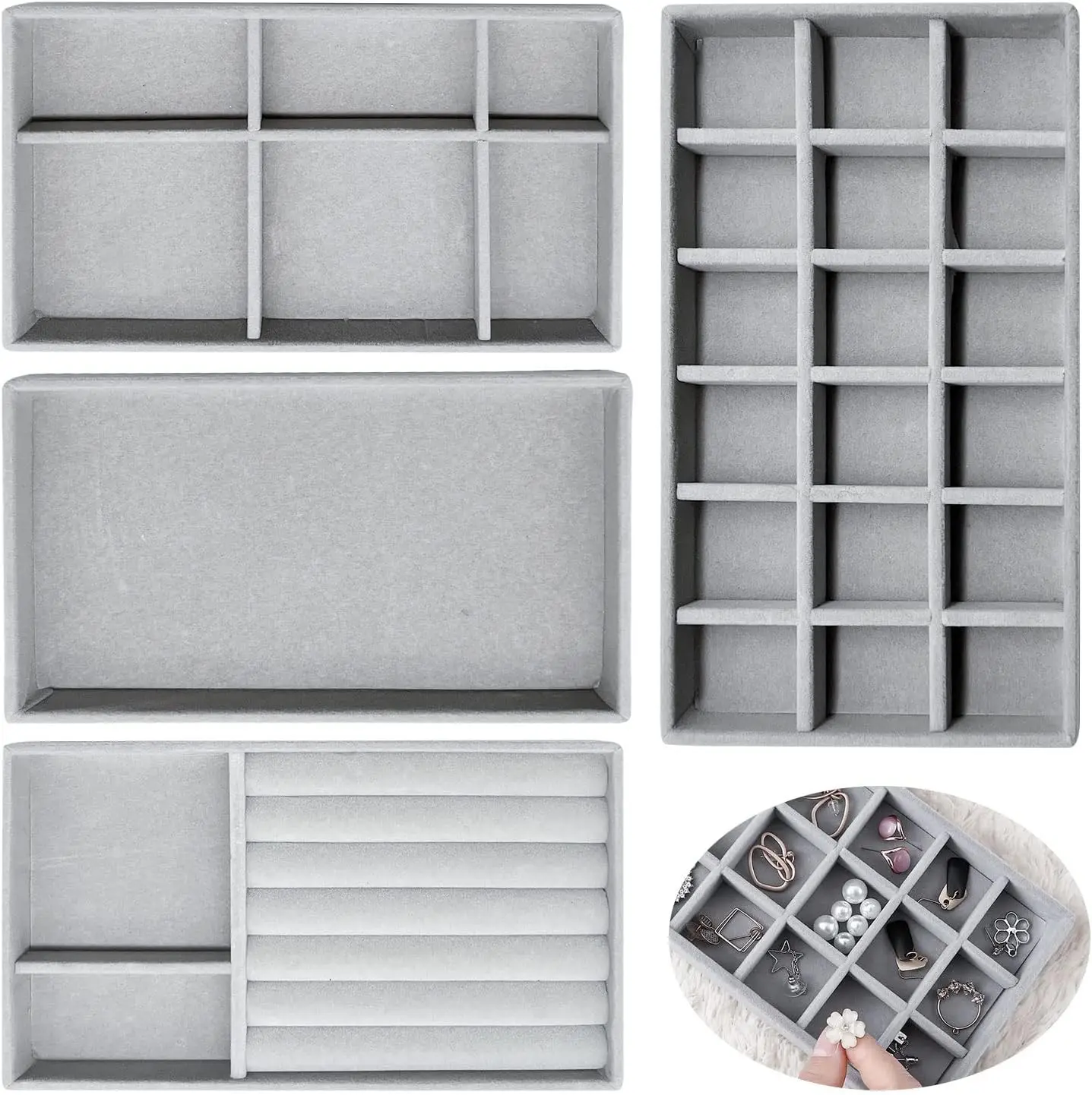 Set joyero de 4 organizadores grises de terciopelo con compartimentos para anillos y joyas.