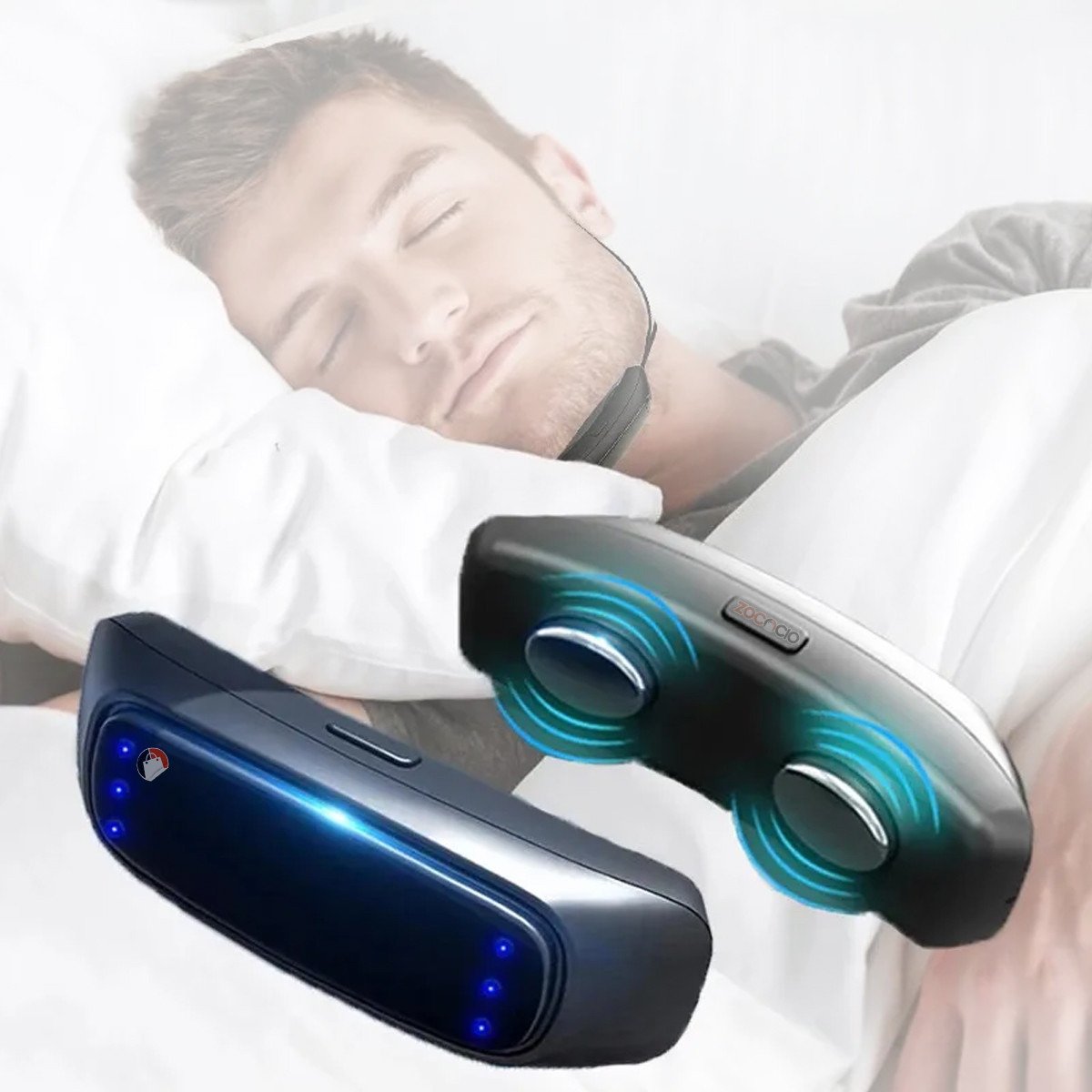 Antirronquidos eléctrico, azul oscuro con luces, vibración y logo, usado por hombre dormido