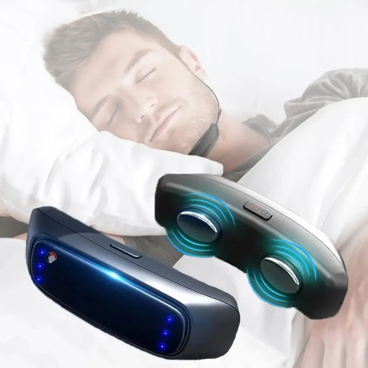 Antirronquidos eléctrico, azul oscuro con luces, vibración y logo, usado por hombre dormido