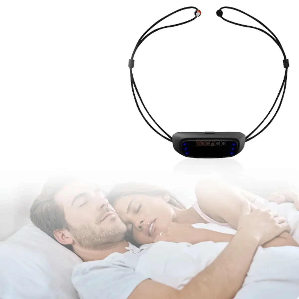 Dispositivo antirronquidos eléctrico ZOCICCO negro con luces, usado por pareja durmiendo.