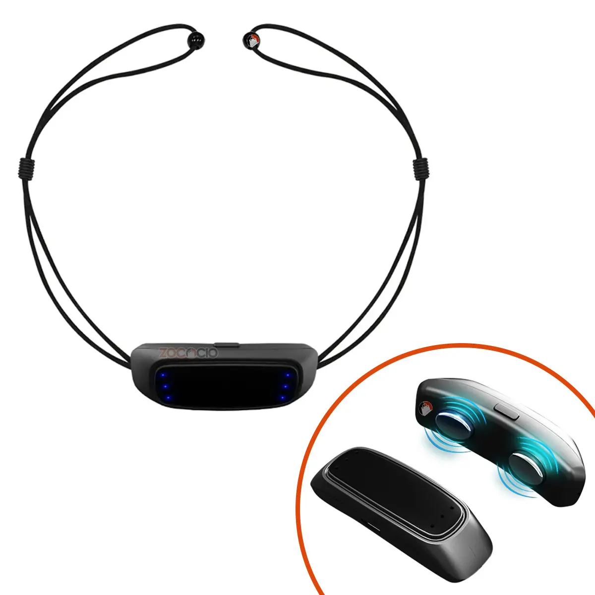 Dispositivo antirronquidos eléctrico Zocacio con collar, luces LED y dos piezas magnéticas.