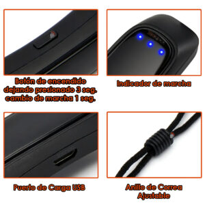 Detalle antirronquidos eléctrico: botón, luces indicadoras, puerto USB y correa ajustable.