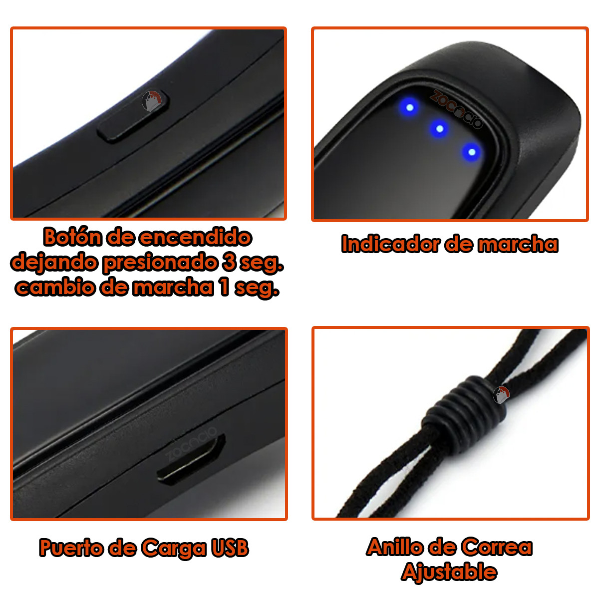 Detalle antirronquidos eléctrico: botón, luces indicadoras, puerto USB y correa ajustable.