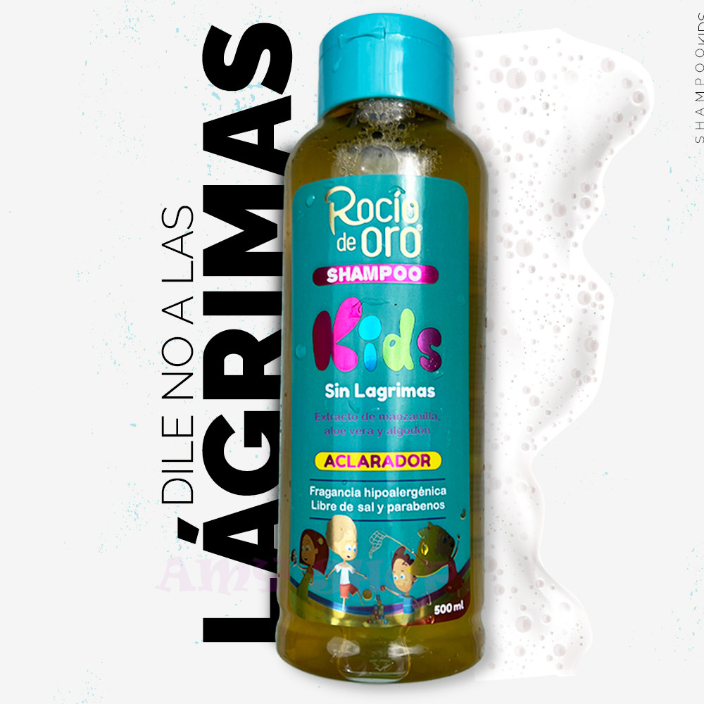 Shampoo Rocío de Oro Kids sin lágrimas, 500ml, aclara el cabello, extracto de manzanilla y aloe vera.