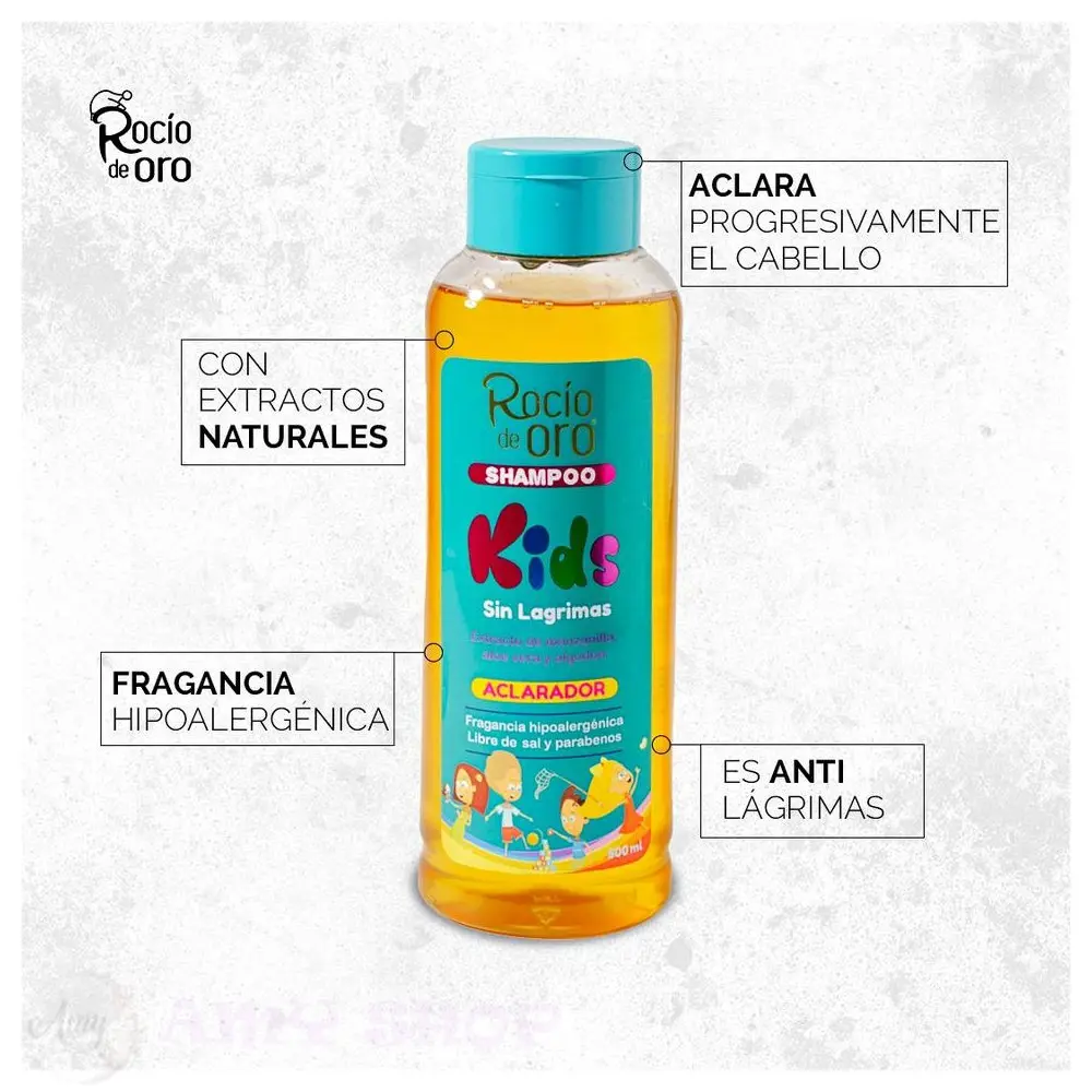 Shampoo Rocío Kids Sin Lágrimas 1000ml, aclara progresivamente el cabello con extractos naturales, fragancia hipoalergénica.