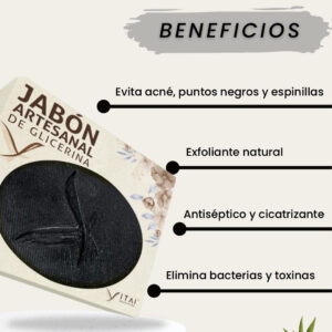 Jabón artesanal de carbón activado y glicerina con árbol de té, ideal para limpiar, purificar y combatir acné, puntos negros y espinillas.