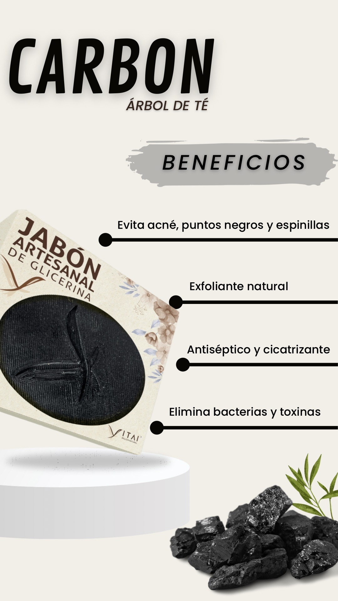 Jabón artesanal de carbón activado y glicerina con árbol de té, ideal para limpiar, purificar y combatir acné, puntos negros y espinillas.