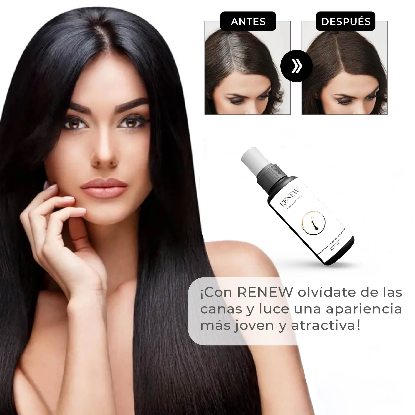 Serum anti canas para mujer Renew, con antes y después, y botella del producto.