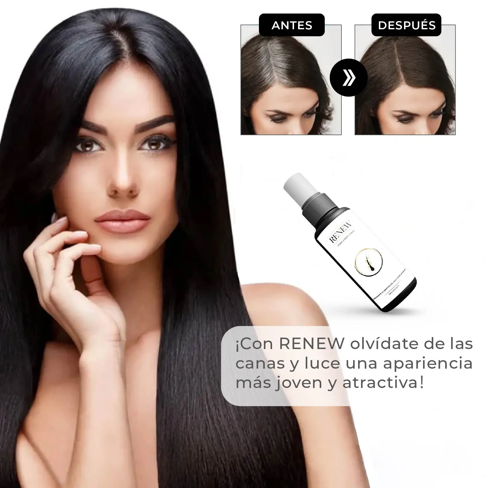 Serum anti canas para mujer Renew, con antes y después, y botella del producto.