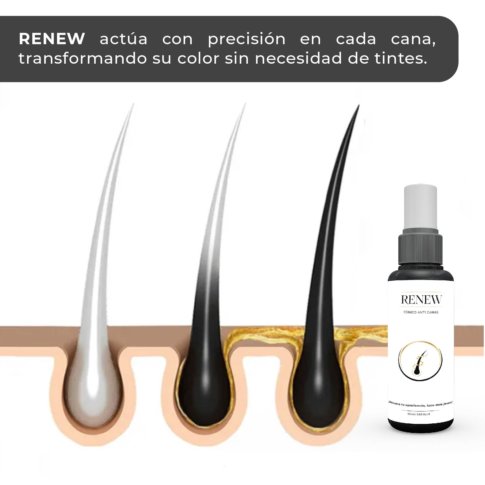 Serum Renew que transforma el color del cabello de blanco a negro, mostrando la acción en cada cana.
