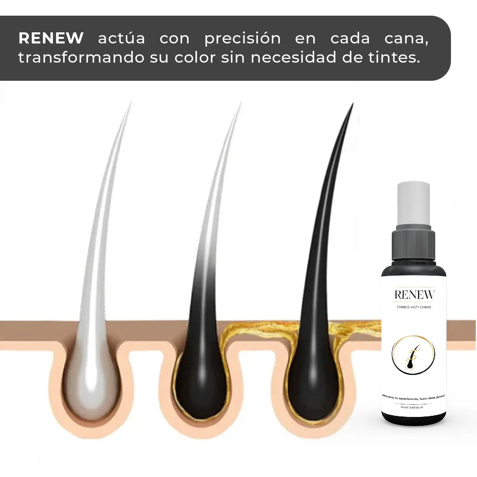 Serum Renew que transforma el color del cabello de blanco a negro, mostrando la acción en cada cana.